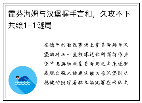 霍芬海姆与汉堡握手言和，久攻不下共绘1-1谜局
